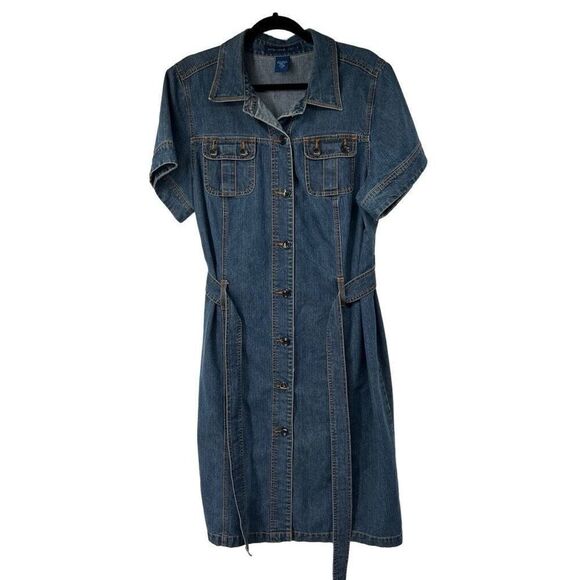 Avenue Jeans Denim Jean Button Up Short Sleeve Belted Dress Sz‎ 20 - Picture 1 of 7